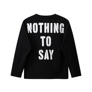 Boys black long sleeve t-shirt with white letter print on back, minimalist street style