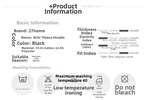 Infografica dettagliata sulla composizione del tessuto e cura della felpa per bambina