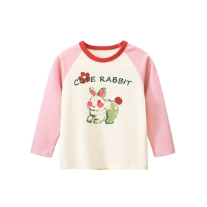Girls Long Sleeve T-Shirt Cotton Raglan Sleeves Cute Cartoon Rabbit Print Korean Style Casual Soft Tops Toddler Kids