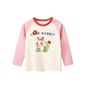 Girls long sleeve raglan t-shirt with cute rabbit print and pink contrast sleeves