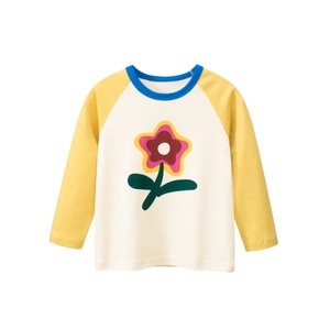 Girl's long-sleeve raglan T-shirt with vintage floral print and yellow contrast sleeves