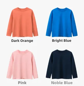Detail view of cotton long-sleeve T-shirts in dark orange, pink, blue and royal blue