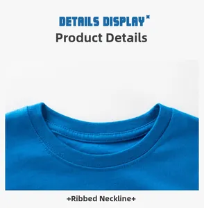 Detailed macro view of the elastic ribbed neckline on this blue cotton kids' long sleeve T-shirt
