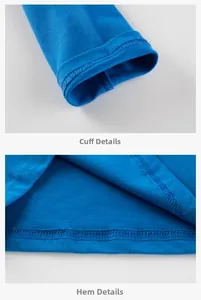 Close-up of royal blue long sleeve shirt showing cuff and hem stitching detail