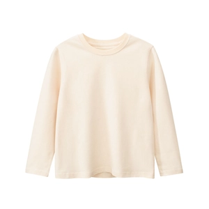 Classic cream long-sleeve cotton t-shirt for children with a soft ribbed crew neck