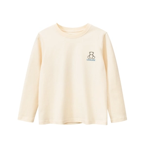 T-shirt manches longues enfant en coton beige avec motif ours et texte LEISURE