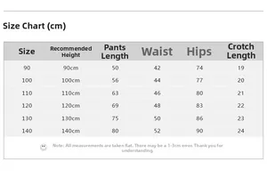 Size chart for girls' lightweight sports pants showing length and waist from 90 to 140 cm