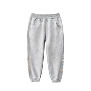 Kids grey cotton blend jogger pants with elastic waist and cute cartoon bear print