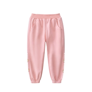 Pink girls' cotton sweatpants with WISELY bear print and elasticated cuffs
