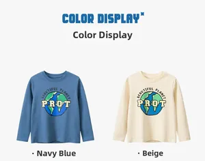 Détail de T-shirts à manches longues pour garçons en bleu armée et couleur abricot