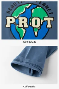 Détails du t-shirt bleu manches longues garçon avec imprimé terre et coutures aux poignets