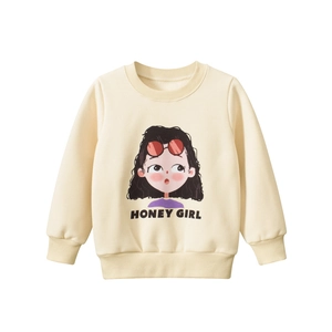 Girls Fleece Lined Sweatshirt Cotton Blend Round Neck Cartoon Honey Girl Print Pullover Warm Long Sleeve Kids Top