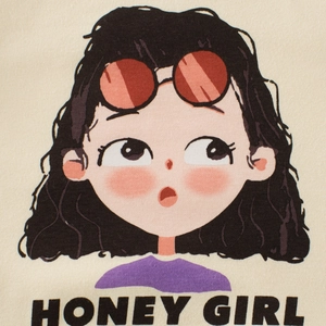 Kids cream cotton sweatshirt featuring a cute honey girl cartoon print for girls