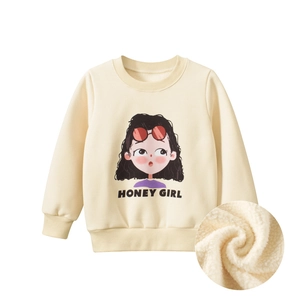 Beige round neck girl's sweatshirt with cartoon print and thick warm fleece lining