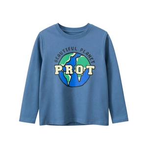 T-shirt bleu à manches longues pour garçon avec motif terre coloré et slogan