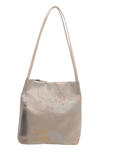 Elegant Chinese style embroidered tote bag with floral patterns and a gray tassel charm