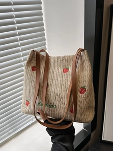 Borsa A Secchiello In Paglia Intrecciata Con Ricamo Di Fragole Moda Estate Spiaggia Vacanze Borsa A Tracolla Per Donna