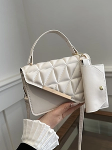 Elegant Quilted Crossbody Bag And Mini Pouch For Women PU Leather Rhombic Pattern Handbag With Golden Metal Decoration