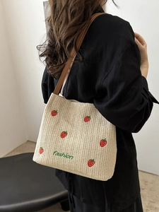 Borsa da spiaggia in paglia con ricamo di fragole e manici in pelle da donna
