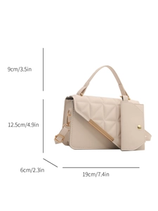 Beige quilted crossbody bag with gold trim and adjustable strap, 19cm size detail