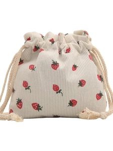 Mini strawberry print corduroy bucket bag with drawstring closure for women
