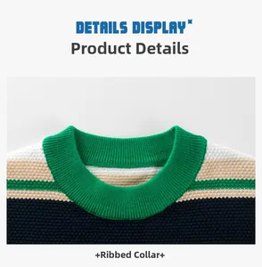 Detail of kids striped sweater featuring a green ribbed neckline and waffle knit texture