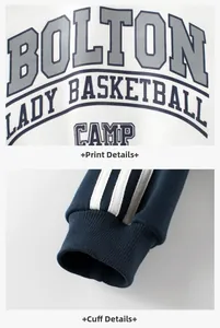 Detail of cotton sweatshirt featuring basketball print and ribbed striped cuffs