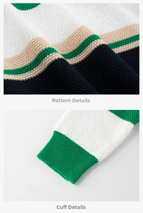 Detail of colorful striped waffle knit fabric and ribbed green cuffs on kid sweater