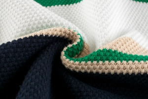 Detailed close-up of striped waffle knit texture in navy, green, beige, and white colors