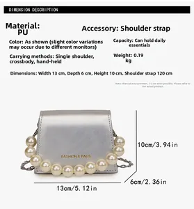 Silver mini crossbody bag size details with pearl handle and chain strap dimensions