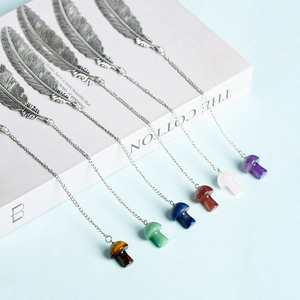 Vintage Metal Feather Bookmark With Natural Crystal Mushroom Pendant Silver Alloy Healing Stone Stationery Gift For Women