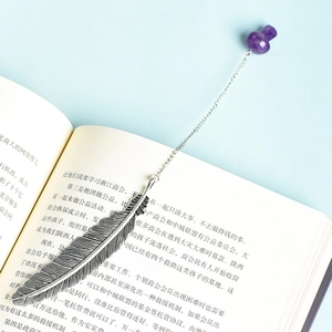 Retro silver metal feather bookmark with natural purple amethyst mushroom pendant