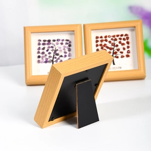 Square wooden photo frame with tree of life gemstone art and folding stand for desktop