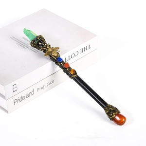 Fantasy magic wand with green crystal, bronze bee accent and colorful mineral stones