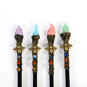 Natural crystal magic wands with vintage gold bee motif and colorful gemstone inlay
