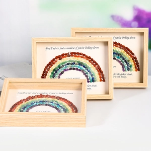 Rainbow crystal stone mosaic in wooden frame for home decor and tabletop display