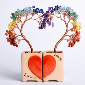 Paire d'arbres en cristal sur socles en cœur céramique avec gravure Love pour bureau