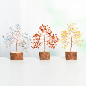 Natural Crystal Money Tree Ornament With Solid Wood Base Copper Wire Handmade Gemstone Tree For Home Office Decor
