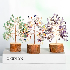 Three crystal tree sets with raw wood base for healing home and office desk decoration