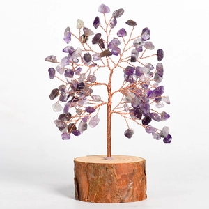 Handmade amethyst crystal money tree on natural wood base for home and office decor