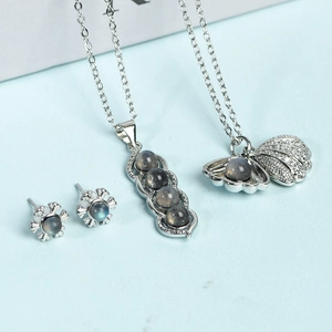 Elegant Moonstone Jewelry Set 925 Sterling Silver Post Shell Pea Pod Pendant Necklace Snowflake Stud Earrings Women Jewelry