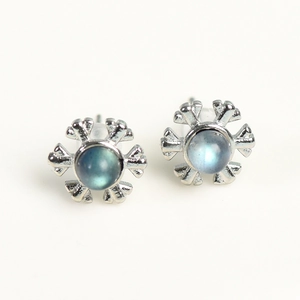 Silver snowflake earrings featuring round moonstone blue center stones in elegant design