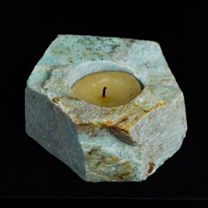 Natural amazonite crystal candle holder with tea light in unrefined hexagonal stone