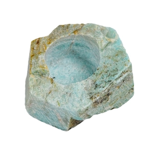 Natural amazonite crystal raw stone candle holder with rough exterior and polished interior