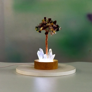Handmade crystal tree night light with colorful crushed stones and LED wooden base