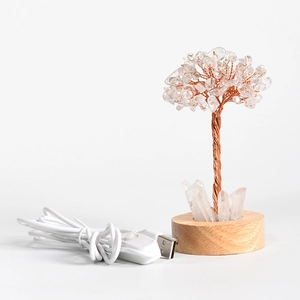Natural crystal tree night light with copper wire branches and solid wooden USB base
