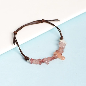 Handmade pink strawberry quartz crystal chip bracelet with brown leather cord