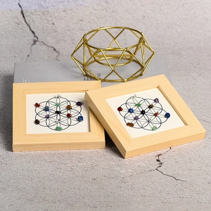 Flower of Life wooden frame wall art featuring natural healing crystal stones