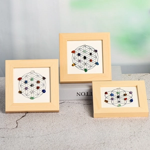Three-piece Flower of Life wooden frame set with seven chakra natural crystal stones