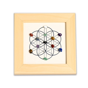 Flower of Life wooden frame with natural crystal stones for home meditation and decor